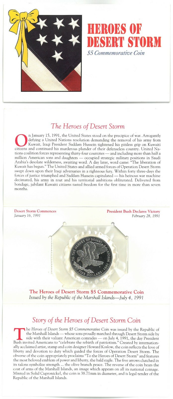 1991 Heroes of Desert Storm $5 Republic Marshall Islands Commemorative Coin -NEW