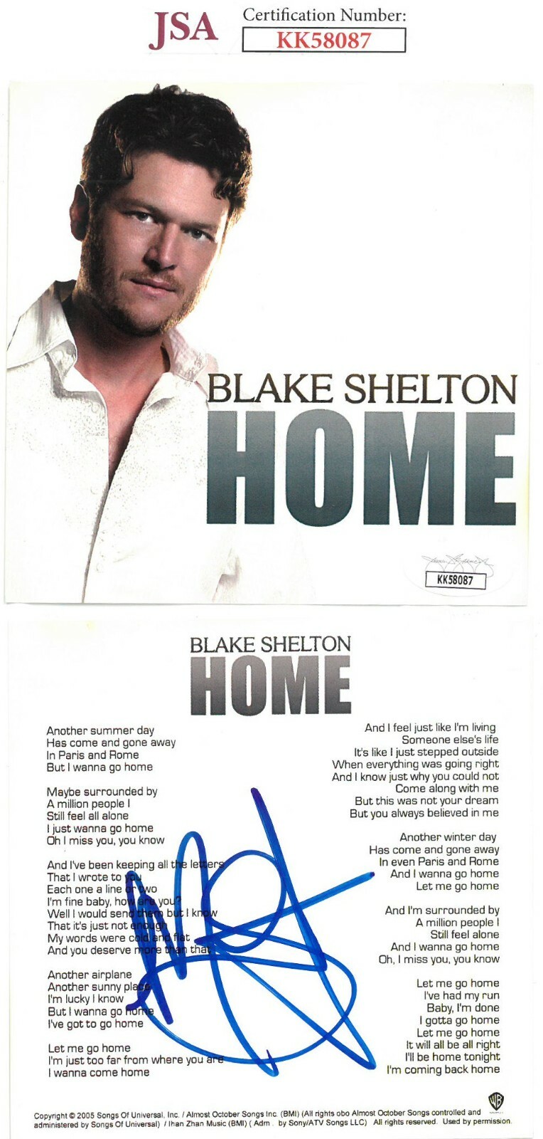 Blake Shelton signed 2005 Home Single CD Cover w/ Case (No CD) JSA #KK58087 RARE