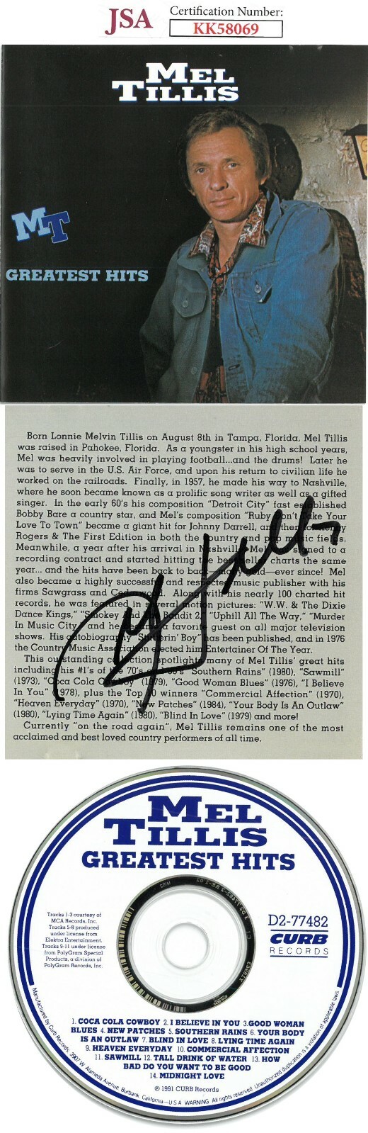 Mel Tillis signed 1991 Greatest Hits Album Back Cover w/ CD & Case- JSA #KK58069