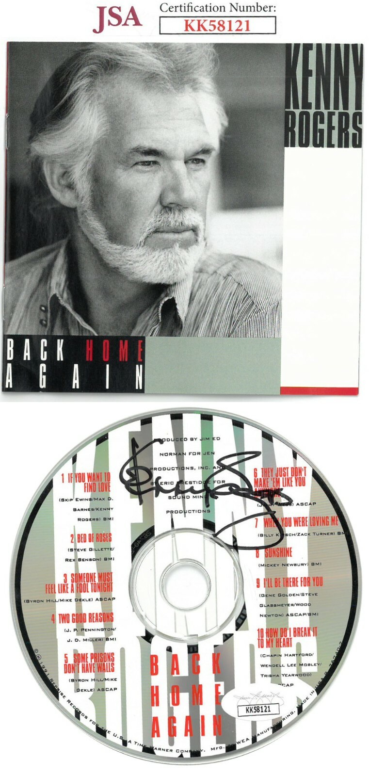 Kenny Rogers signed 1991 Back Home Again Album CD w/ Cover & Case - JSA #KK58121