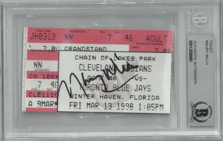 Maury Wills signed 1998 Spring Training TicketStub - BAS/Beckett Encapsulated