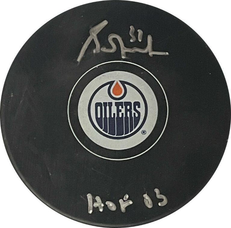 Grant Fuhr signed Edmonton Oilers Logo Hockey Puck #31 HOF 03 minor smudge -BAS