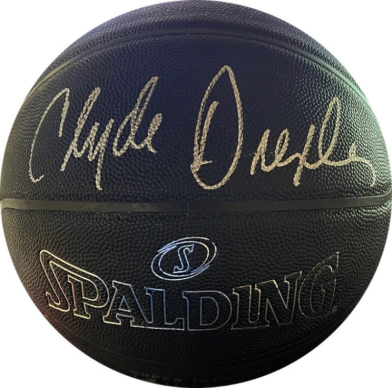 Clyde Drexler signed Spalding Black Super Tack NBA Comp Leather Basketball- JSA