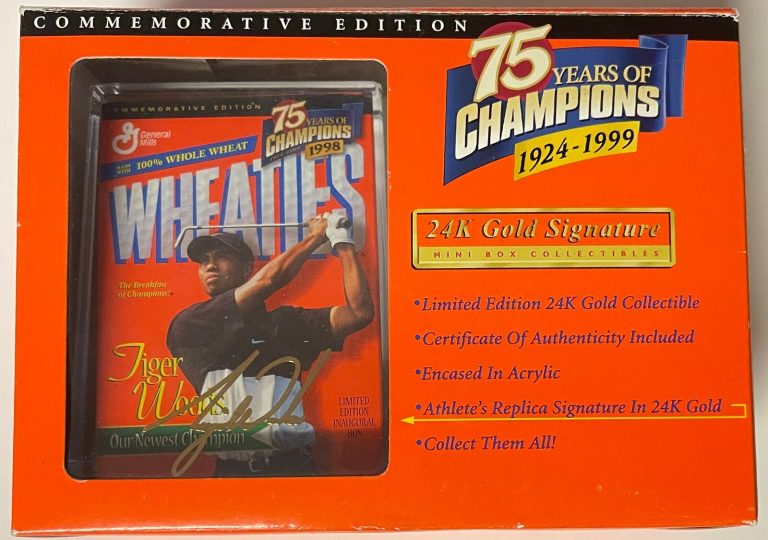 Tiger Woods Mini Wheaties 24 Kt Gold Signature Commemorative Edition 75 Yrs Case