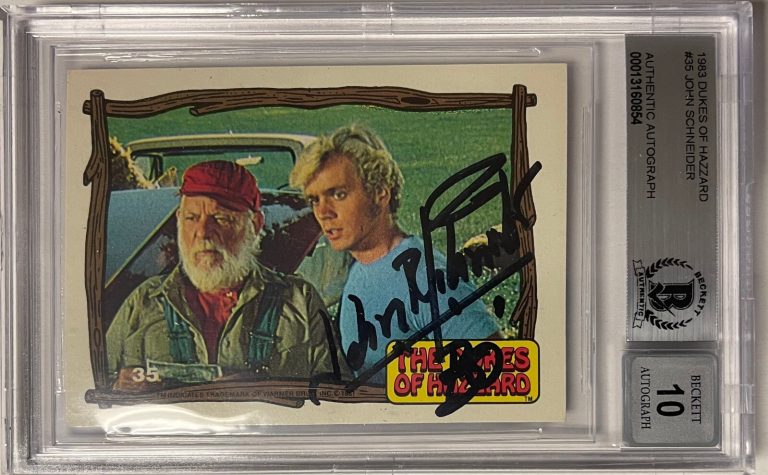 John Schneider signed 1983 Dukes of Hazzard Trading Card #35w/ Bo- BAS Auto 10