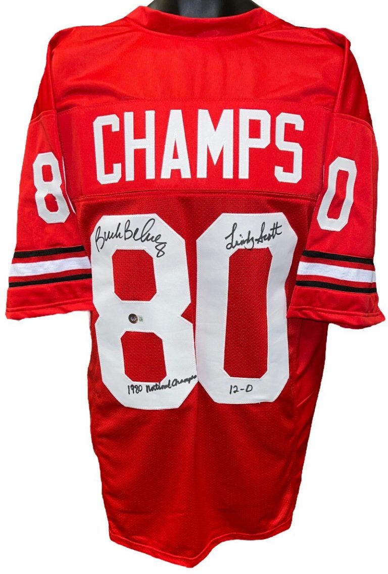 Buck Belue & Lindsay Scott dual signed 1980 Georgia Champs Stitched Jersey - BAS