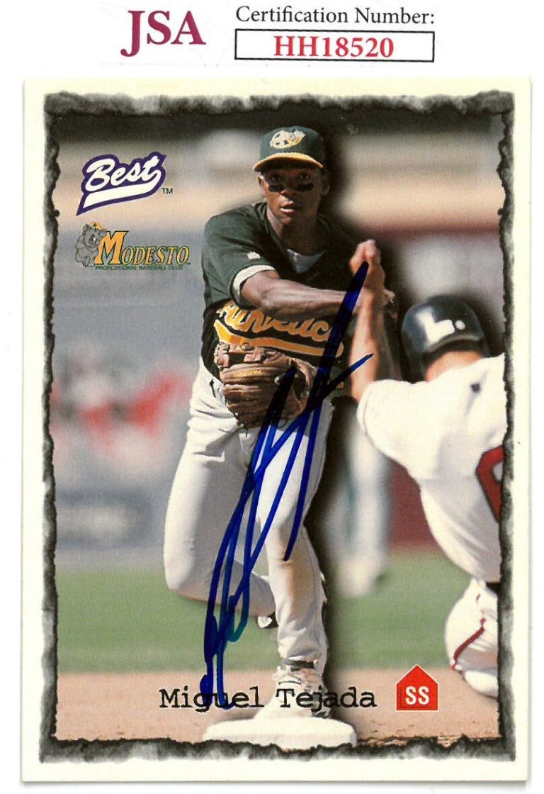 Miguel Tejada signed 1997 Best Baseball Rookie Card (RC) #4 Modesto/Oakland JSA