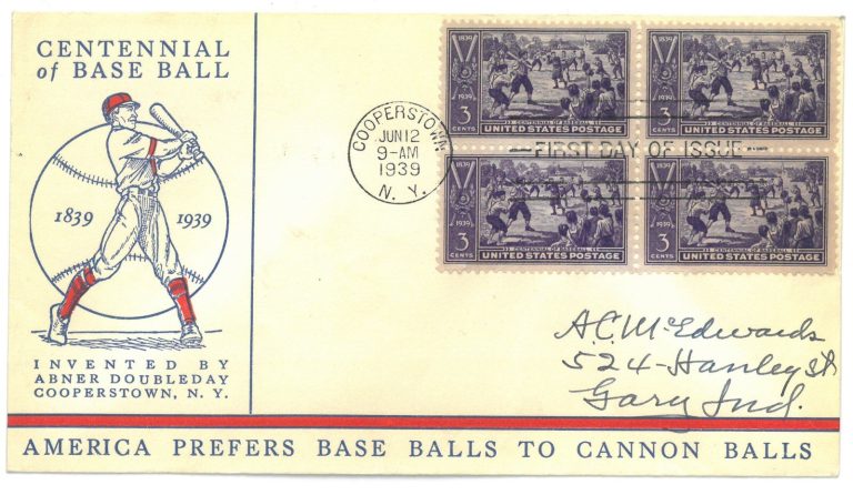 1839-1939 Centennial Of Baseball First Day Cover Cachet Cooperstown Stamped