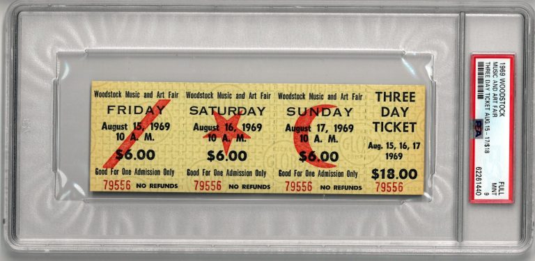 1969 Woodstock Music Art Fair FESTIVAL RARE -PSA Mint 9 3 Day $18 Advance Ticket