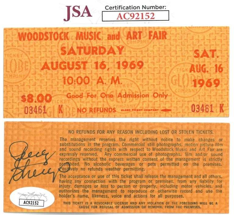 Penny Stallings Signed 1969 Woodstock Music & Art Fair –Ultra Rare $8 Ticket JSA