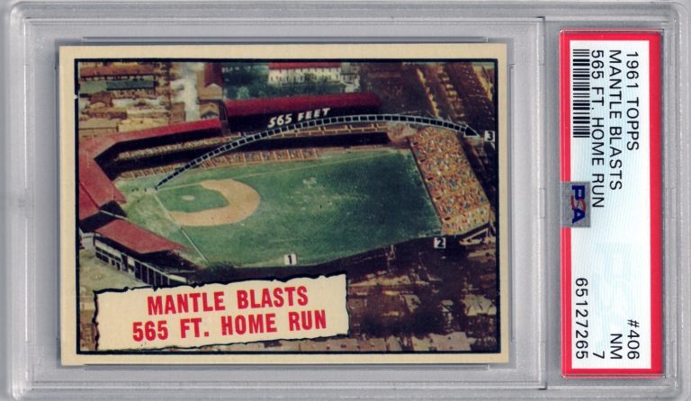 Mickey Mantle 1961 Topps Blasts 565 FT. Home Run Card #406- PSA Graded 7 NM