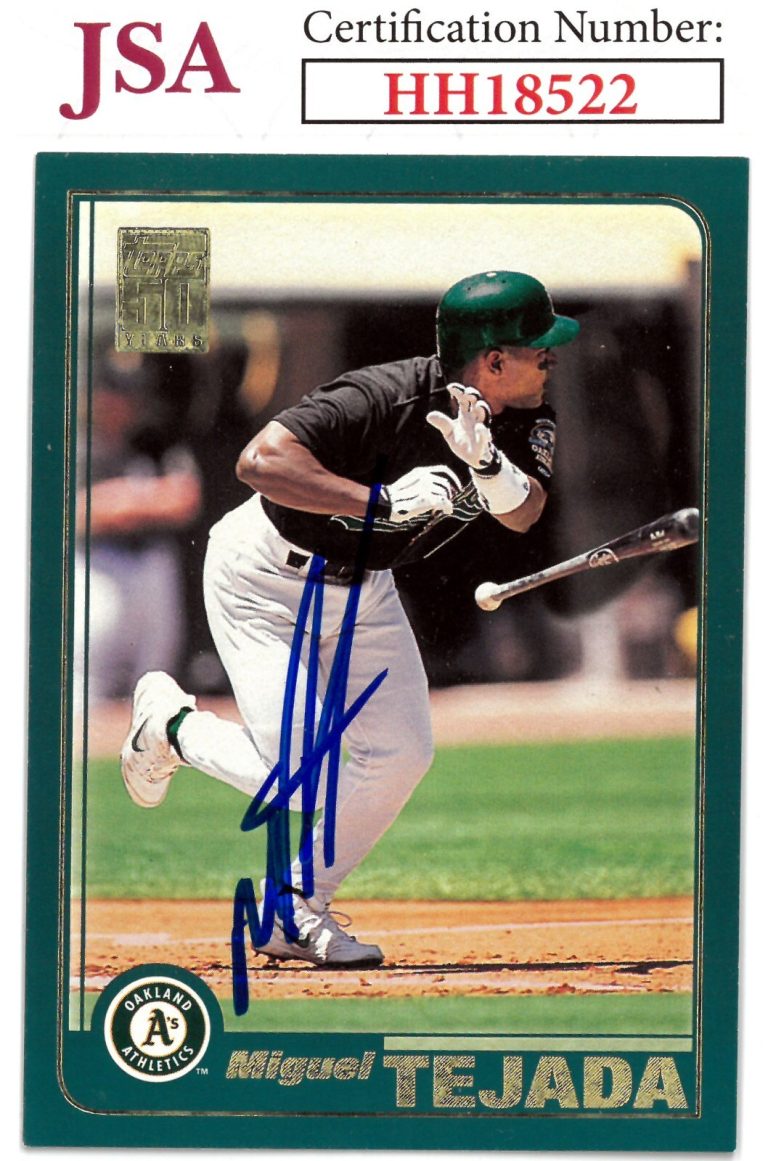 Miguel Tejada signed 2001 Topps 50 Years Baseball Card #620- JSA (On Card Auto)