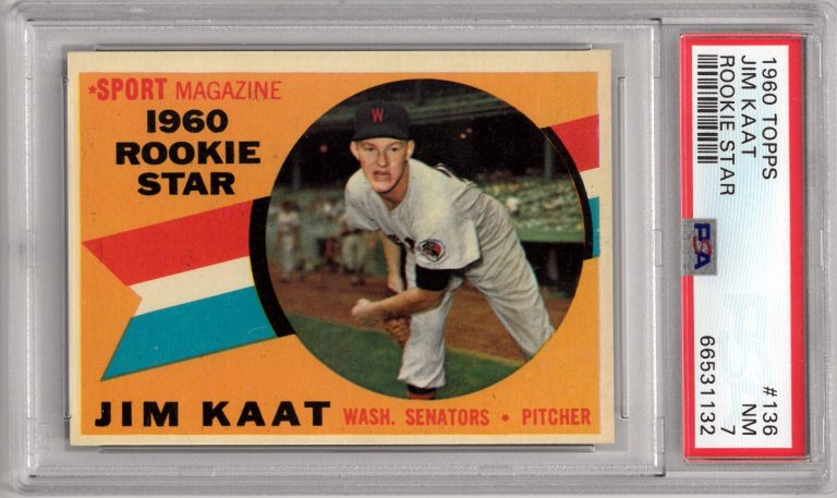 Jim Kaat 1960 Topps Baseball Rookie Star Card (RC) #136 Senators PSA Graded 7 NM