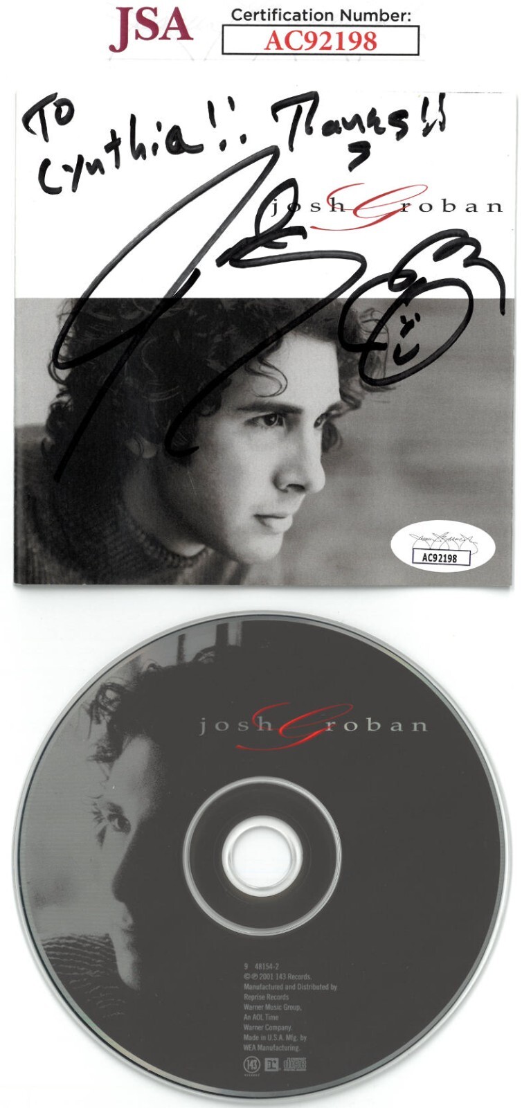 Josh Groban signed 2001 Self Titled Album Cover Booklet w/ CD To Cynthia – JSA