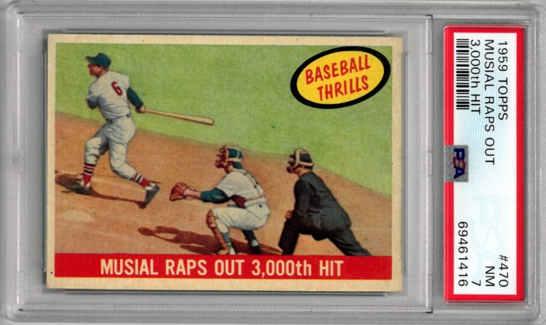 Stan Musial 1959 Topps Raps Out 3000th Hit Baseball Card #470- PSA Graded 7 NM