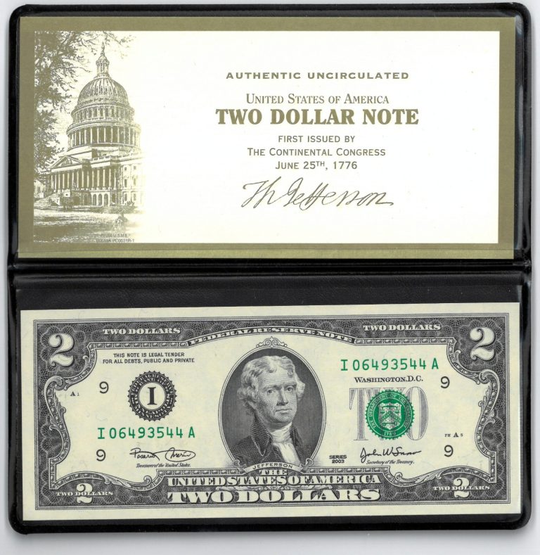 2003 Two Dollar Bill Note 06493544- Serial $2 Uncirculated Jefferson w/ Display