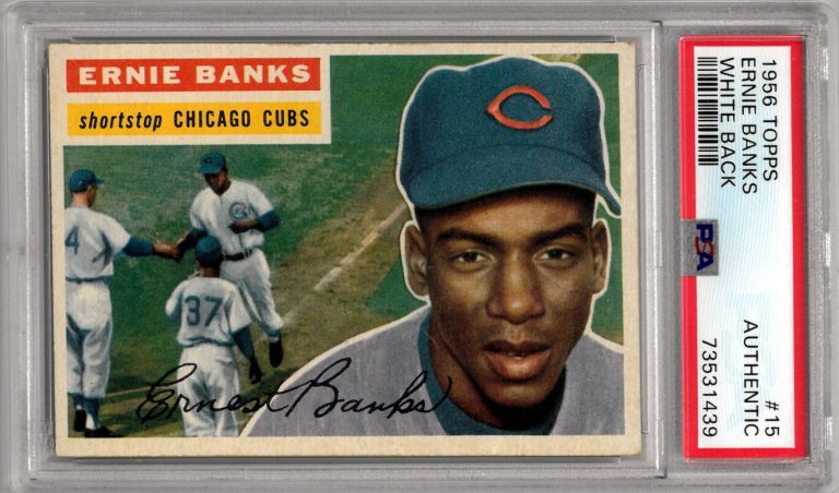 Ernie Banks 1956 Topps White Back Baseball Card #15 Cubs - PSA Slabbed Authentic