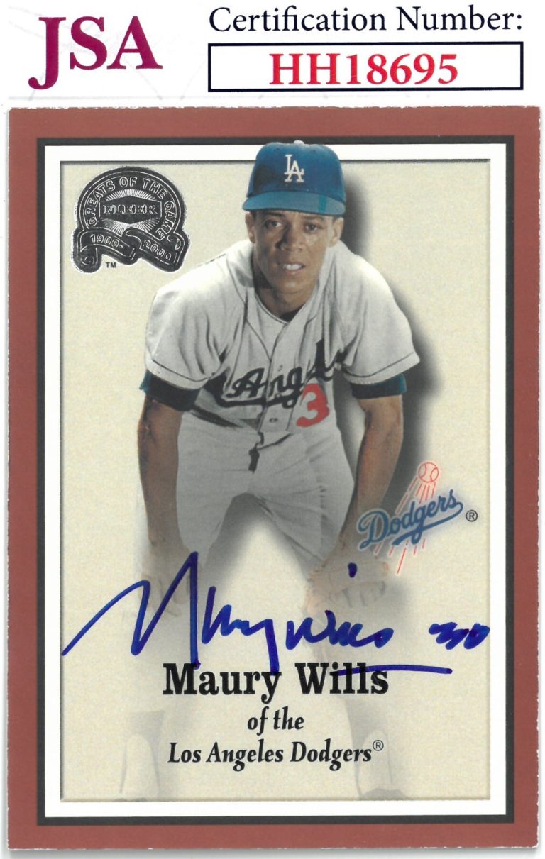 Maury Wills signed 2000 Fleer Greats of the Game Baseball On Card Auto #85- JSA