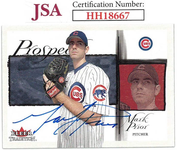 Mark Prior signed 2002 Fleer Traditon Baseball Rookie On Card Auto (RC) #458-JSA