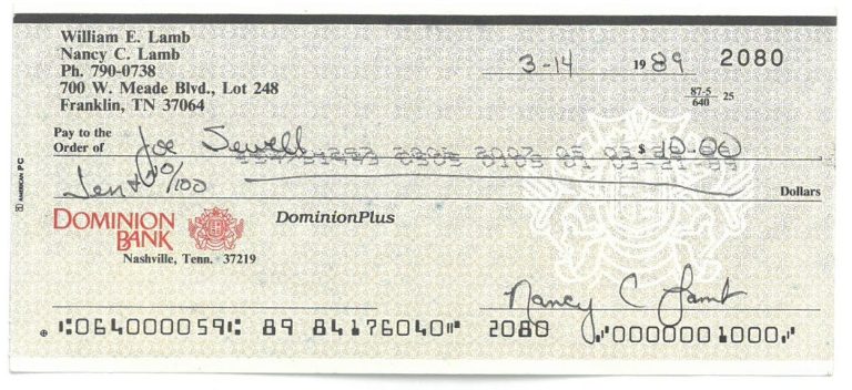 Joe Sewell Signed/Endorsed Personal Check- JSA #LL60419 (Yankees/Indians/HOF)