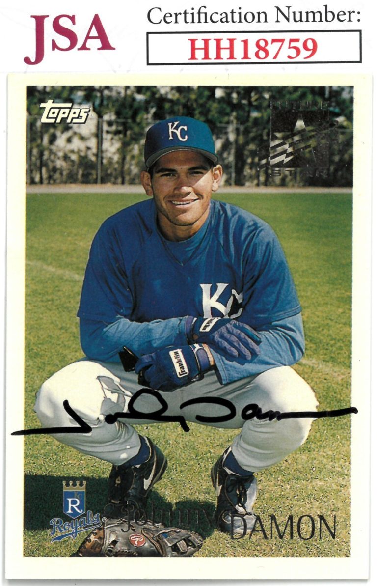 Johnny Damon signed 1996 Topps Future Star Baseball On Card Auto #215- JSA