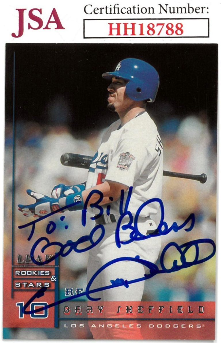 Gary Sheffield signed 1998 Leaf Rookies&Stars Baseball On Card Auto To Bill- JSA