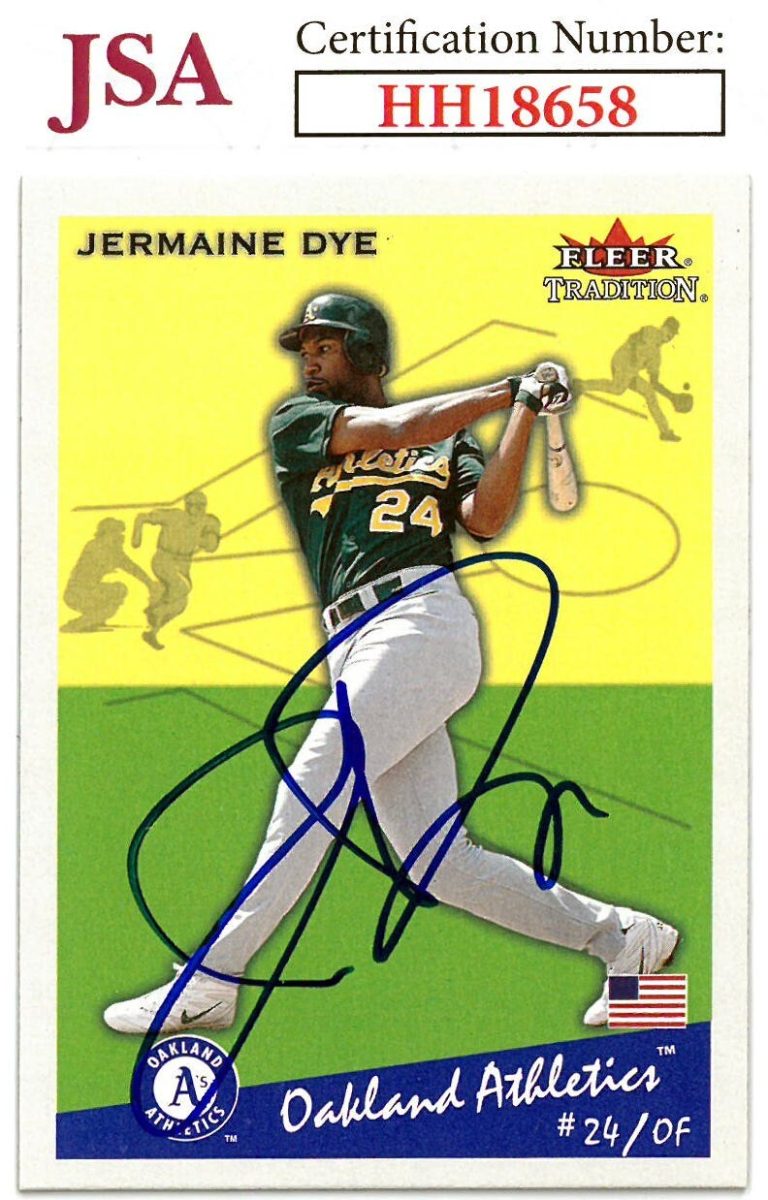 Jermaine Dye signed 2002 Fleer Tradition Baseball On Card Auto #212- JSA