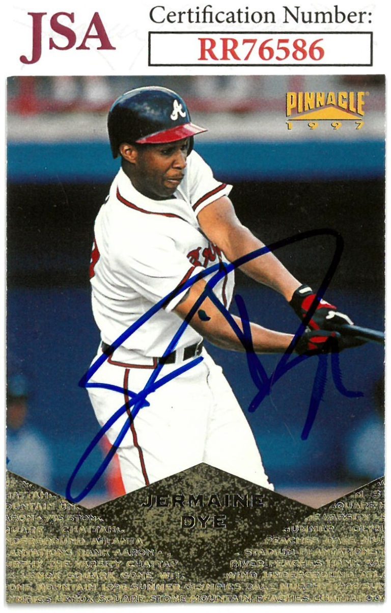 Jermaine Dye signed 1997 Pinnacle Baseball On Card Auto #86 Braves- JSA #RR76586