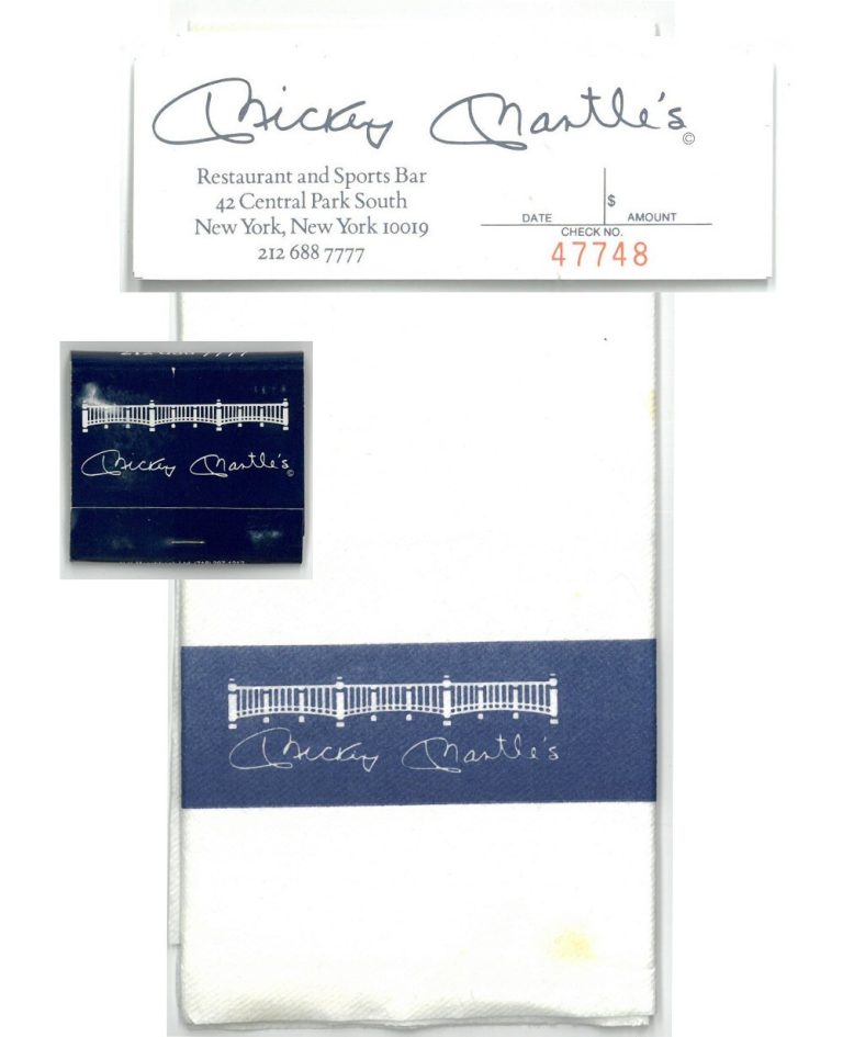 Mickey Mantle's Restaurant & Sports Bar Matchbook/Dinner Napkin/Receipt Stub