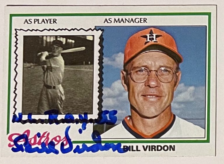 Bill Virdon signed 1978 Topps On Card Auto w/ NL ROY 55 #279 Houston Astros- COA