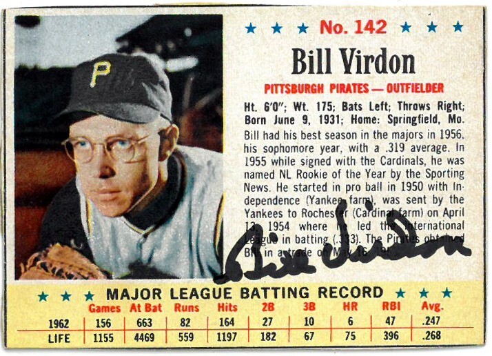 Bill Virdon signed 1963 Post Cereal On Card Auto #142- COA (Pittsburgh Pirates)