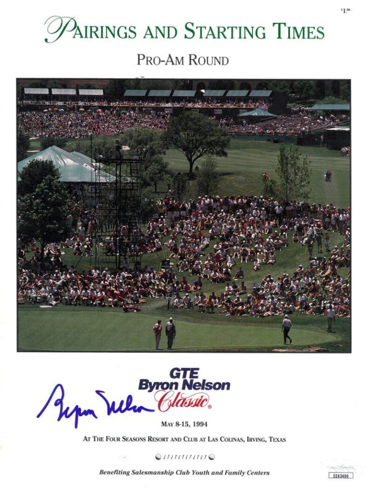 Byron Nelson signed 1994 Byron Nelson Golf Classic Pro-Am Pairings & Times- JSA