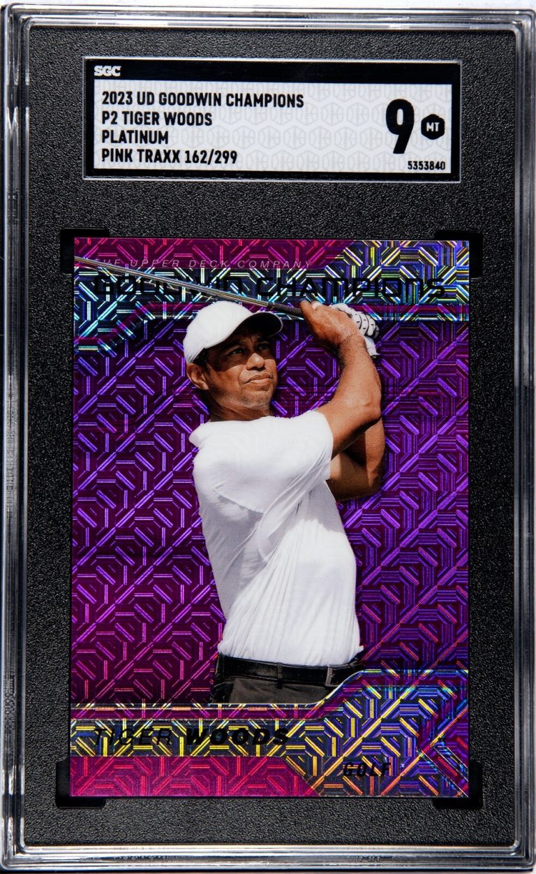 Tiger Woods 2023 UD Goodwin Champions Platinum Pink Traxx Card- SGC Graded 9 MT