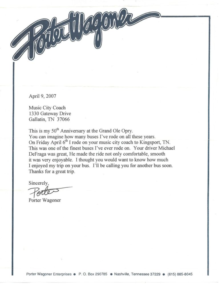 Porter Wagoner signed 2007 Porter Wagoner Enterprises Logo Stationery/Letter-COA