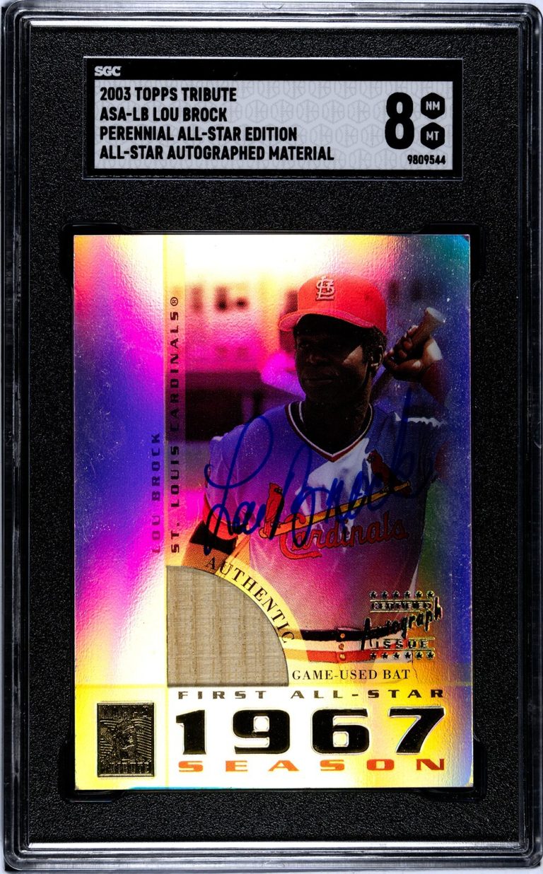 Lou Brock signed 2003 Topps Tribute AS Material On Card Auto ASA-LB-SGC Graded 8