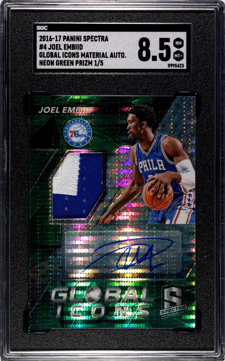 Joel Embiid 2016-17 Spectra Global Icons Material Neon Auto /5- SGC Graded 8.5