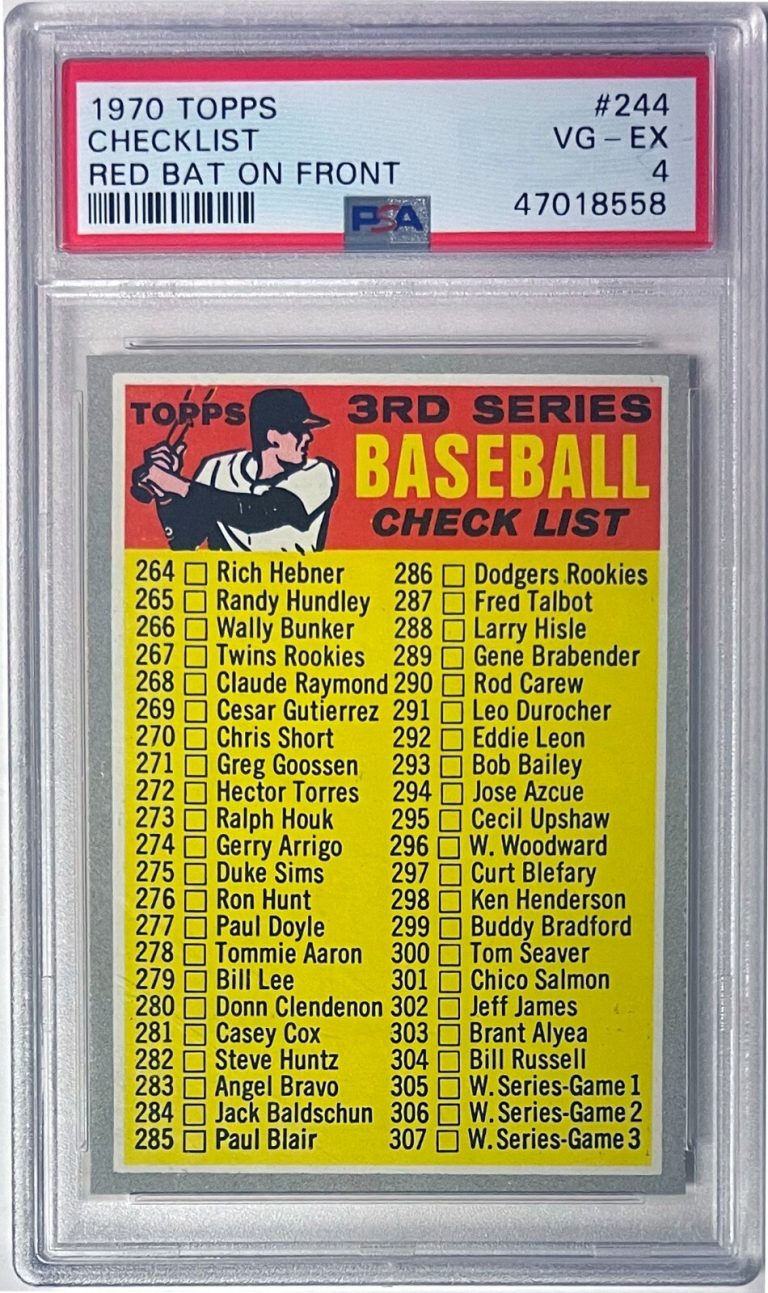 1970 Topps Checklist Red Bat on Front Card #244- PSA Graded 4 VG-EX