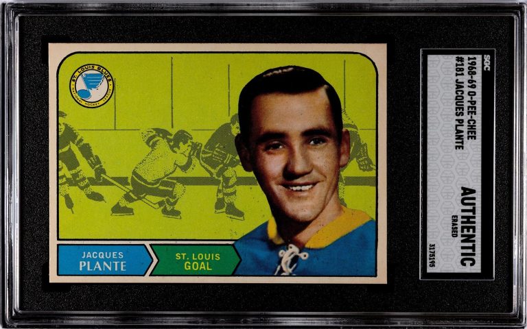 Jacques Plante 1968-69 O-Pee-Chee Card #181- SGC Slabbed Authentic- Erased/Blues