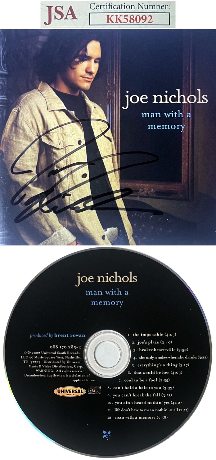 Joe Nichols signed 2002 Man With A Memory Album Cover Booklet w/ CD & Case- JSA
