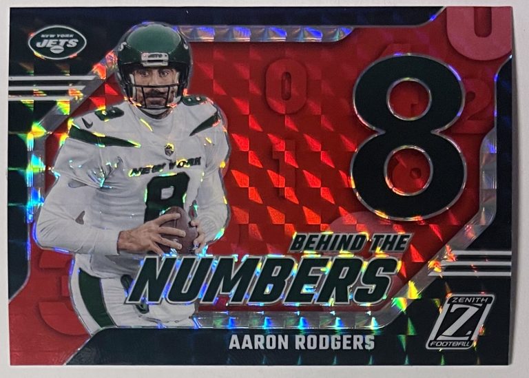Aaron Rodgers 2023 Panini Zenith Behind the Numbers 8  Red Prizm Card #1 -(Jets)