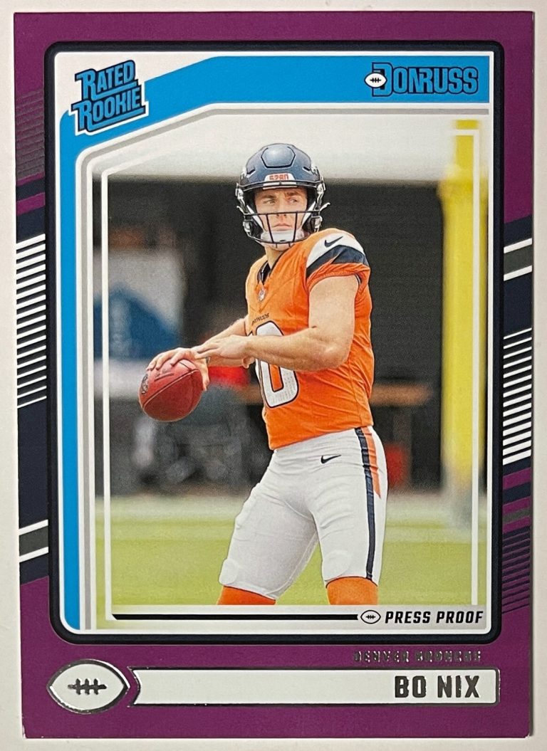 Bo Nix 2024 Panini Donruss Purple Press Proof Rated Rookie Parallel Card #369