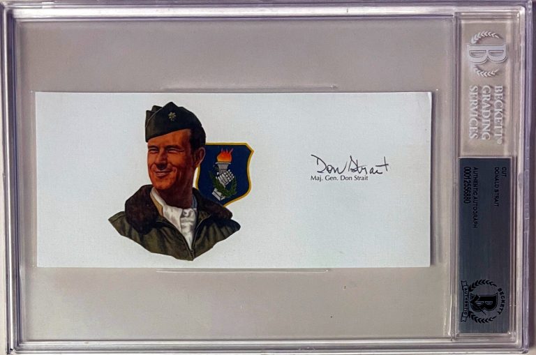 Donald Strait signed 6.5”x3” cut sig WWll USAF Double Ace Pilot – BAS/Beckett