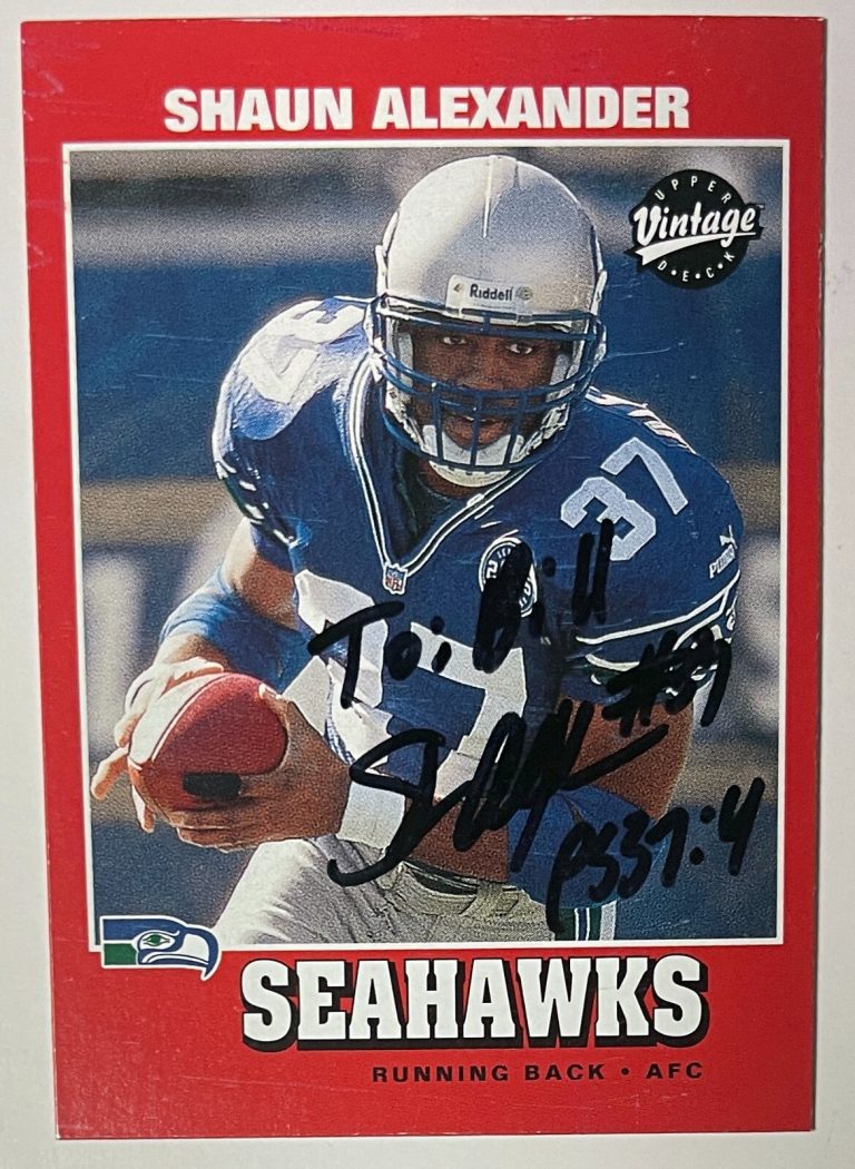 Shaun Alexander signed 2001 Upper Deck Vintage On Card Auto #157 To Bill