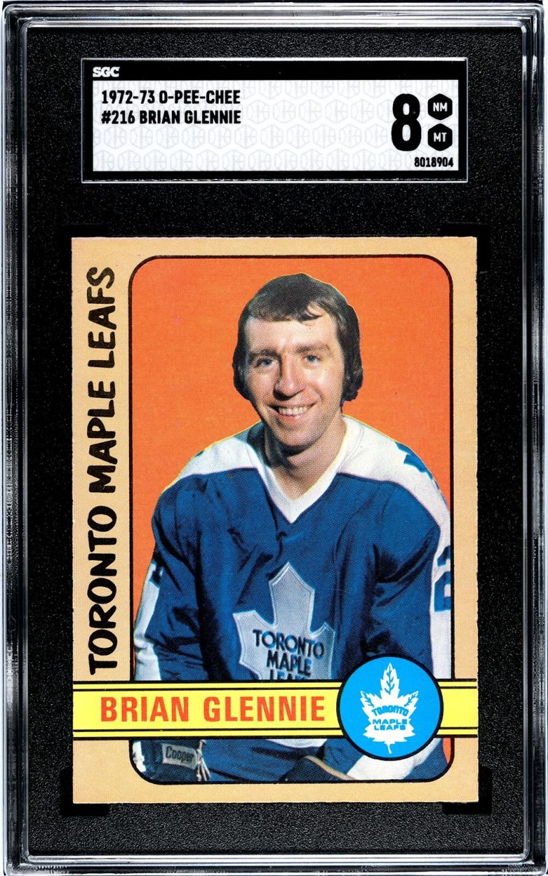 Brian Glennie 1972-73 O-Pee-Chee NHL Card #216-SGC Graded 8 NM-MT (Maple Leafs)