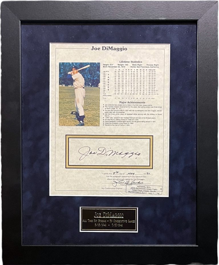 Joe DiMaggio Signed NY Yankees Lifetime Stat Sheet Custom Framing- Notarized/COA