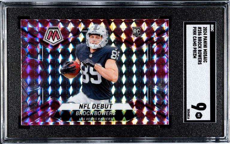 Brock Bowers 2024 Panini Mosaic Pink Camo Prizm RC Card #286- SGC Graded 9 Mint