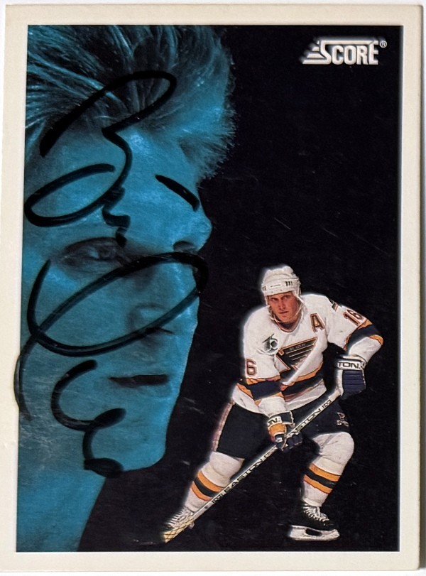 Brett Hull signed 1992 Score On Card Auto #500- COA (St. Louis Blues/HOF)- COA