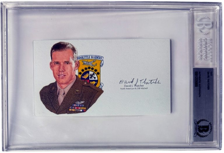 David Thatcher signed Doolittle Raiders 3”x5.5” cut sig–BAS/Beckett Encapsulated