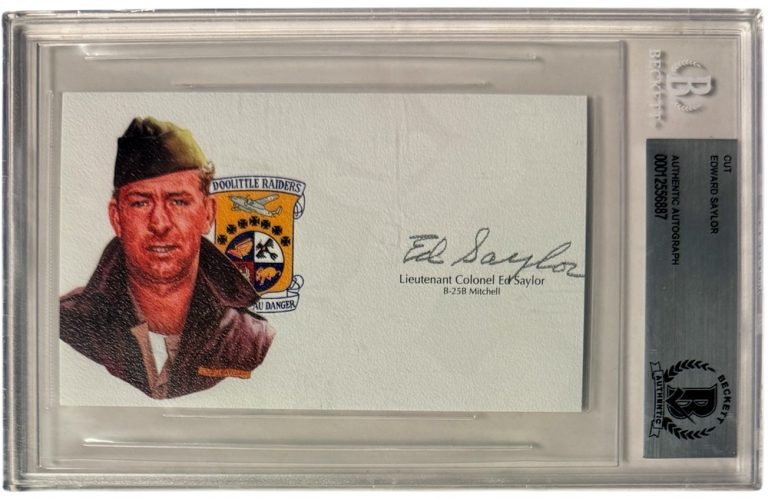 Lt Colonel Ed Saylor signed 3”x 5” cut sig WWll Doolittle Raiders – BAS/Beckett