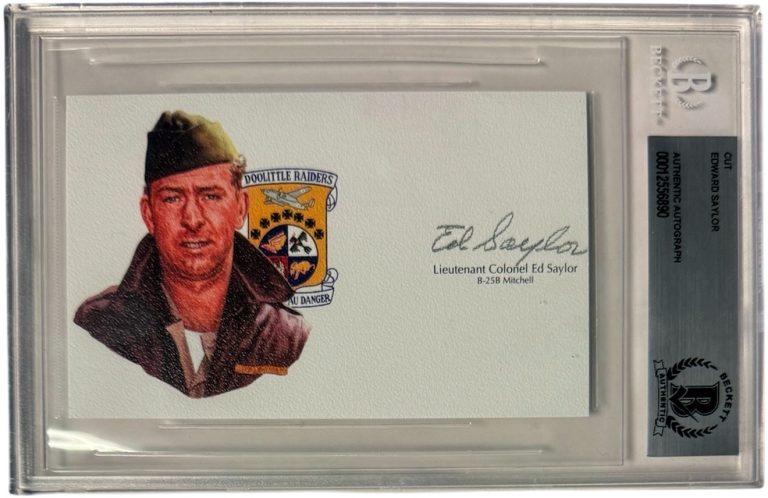 Lt Colonel Ed Saylor signed 3”x 5” cut sig WWll Doolittle Raiders – BAS/Beckett